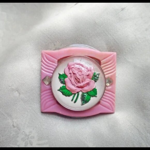 Pink Rose Brooch With Vintage Goofus Glass Retro Romantic - Picture 5 of 12